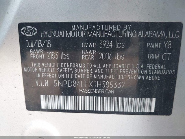 5NPD84LFXJH385332 Hyundai mpi nu
