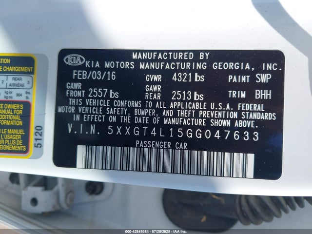 5XXGT4L15GG047633 KIA t-gdi gamma