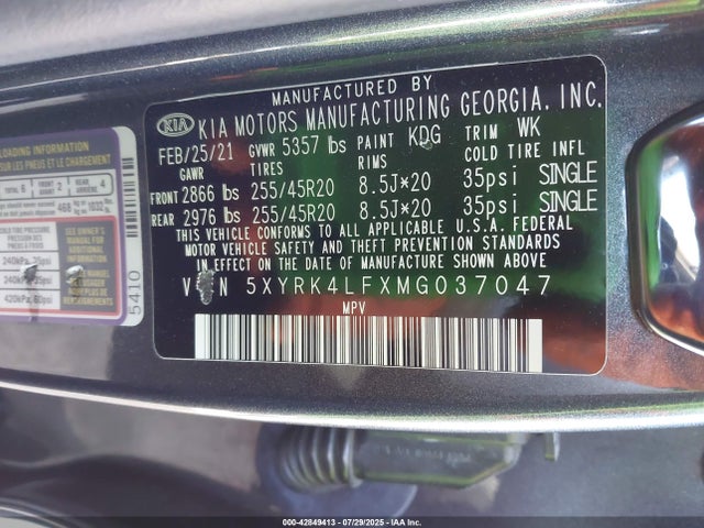 5XYRK4LFXMG037047 KIA t-gdi theta-iii