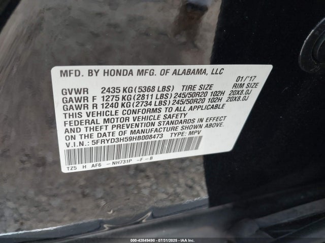 Acura j35y5 2017 5FRYD3H59HB008473 Image 9