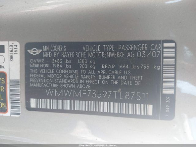 2007 MINI COOPER S WMWMF73597TL87511 Photo 8