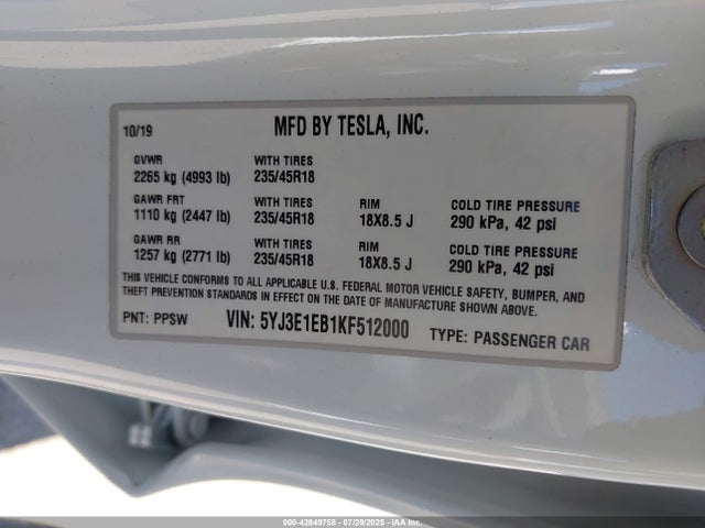 2019 TESLA MODEL 3 5YJ3E1EB1KF512000 Photo 8