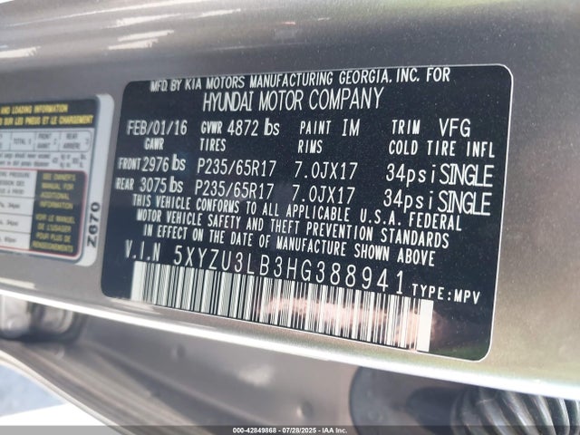 5XYZU3LB3HG388941 Hyundai gdi theta ii
