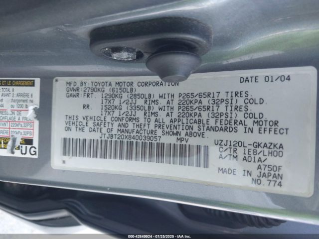 2004 LEXUS GX 470 JTJBT20X840039057 Photo 8