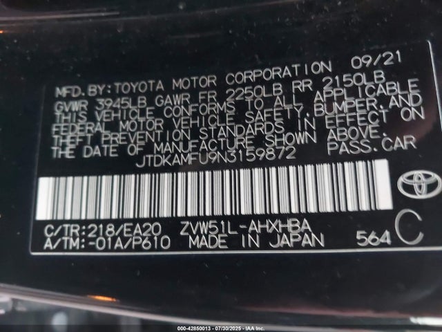 JTDKAMFU9N3159872 Toyota 2zr-fxe,1nm