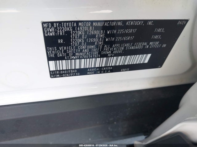 4T3MWRFV7RU141924 Toyota a25a-fxs