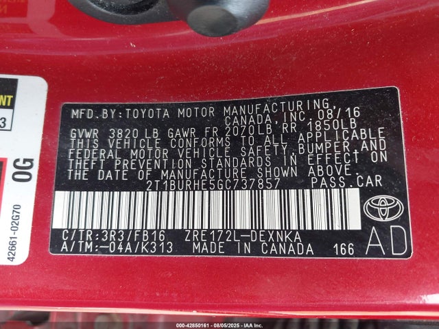 Toyota 2zr-fe 2016 2T1BURHE5GC737857 Image 9