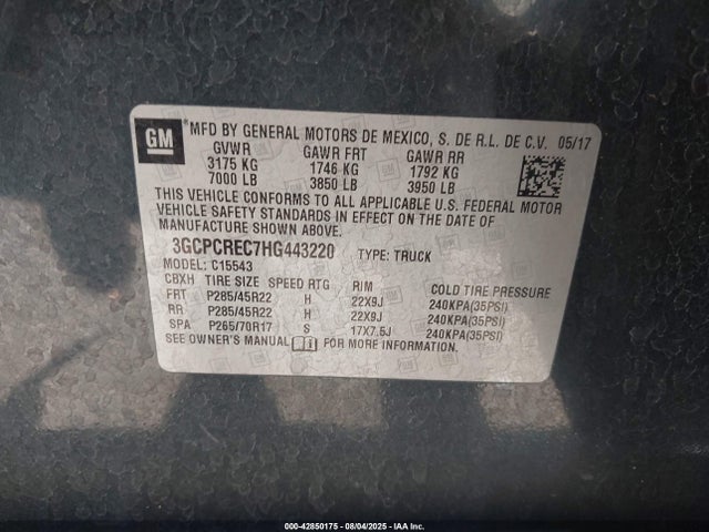 3GCPCREC7HG443220 Chevrolet l83 - sidi: spark ignited direct injection, vvt: variable valve timing, afm, e85 max, alum