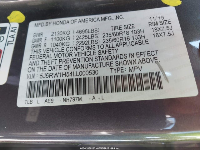 5J6RW1H54LL000530 Honda l15be