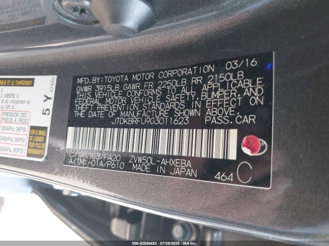 JTDKBRFU9G3011623 Toyota 2zr-fxe,1nm