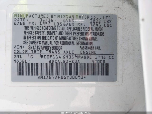 3N1AB7AP0GY300904 Nissan 2016