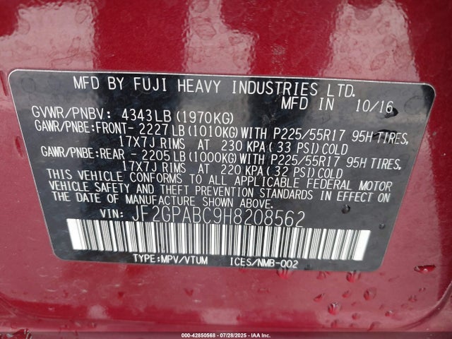 JF2GPABC9H8208562 Subaru naturally aspirated