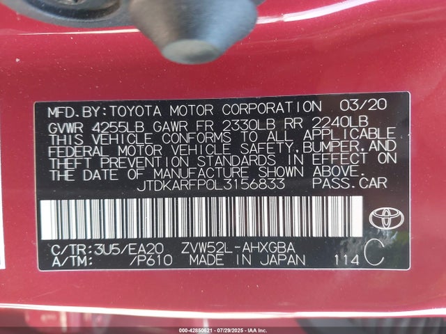 JTDKARFP0L3156833 Toyota 2zr-fxe+1nm+1sm