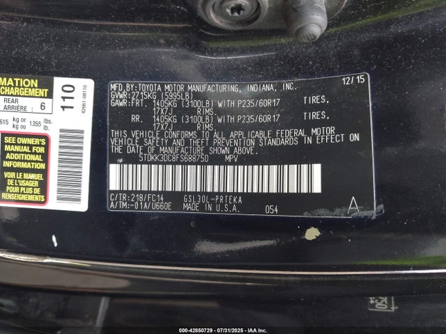 Toyota 2gr-fks 2015 5TDKK3DC8FS688750 Image 9