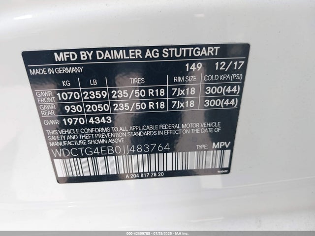 WDCTG4EB0JJ483764 Mercedes-Benz m270