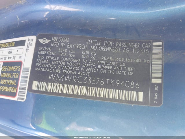 2006 MINI COOPER WMWRC33576TK94086 Photo 8