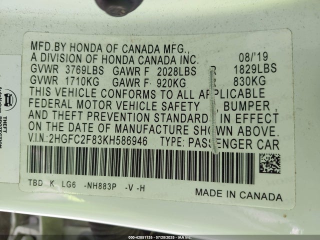 Honda k20c2 2019 2HGFC2F83KH586946 Image 9