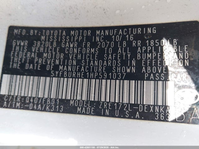 5YFBURHE1HP591037 Toyota 2zr-fe