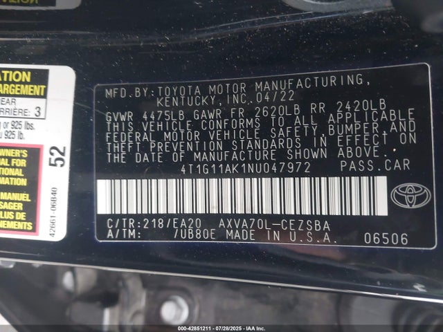 4T1G11AK1NU047972 Toyota a25a-fks