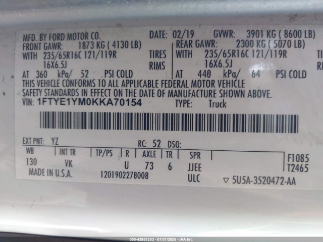 1FTYE1YM0KKA70154 Ford 2019
