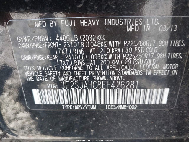 JF2SJAHC8EH426281 Subaru 2.5na u5