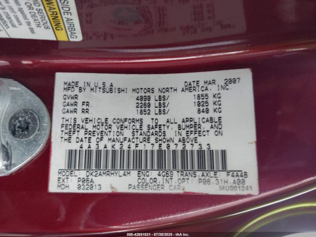 2007 MITSUBISHI ECLIPSE 4A3AK24F17E072733 Photo 8