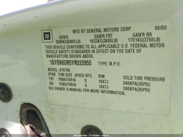2000 CADILLAC ESCALADE 1GYEK63R5YR222855 Photo 8