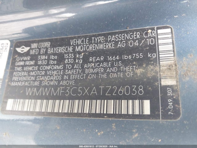 2010 MINI COOPER WMWMF3C5XATZ26038 Photo 8
