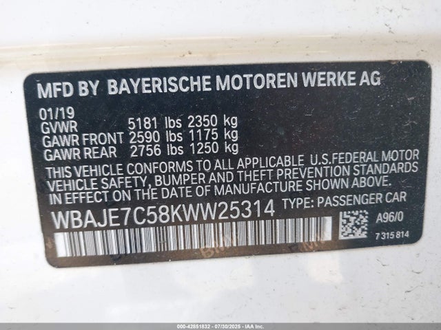 BMW 540I 2019 WBAJE7C58KWW25314 Image 9