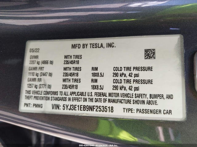 2022 TESLA MODEL 3 5YJ3E1EB9NF253518 Photo 8