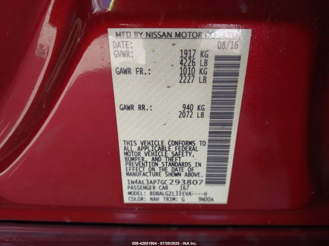 1N4AL3AP7GC293807 Nissan Altima 2.5 S