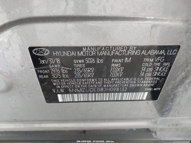 5NMZUDLB8JH098132 Hyundai gdi theta ii
