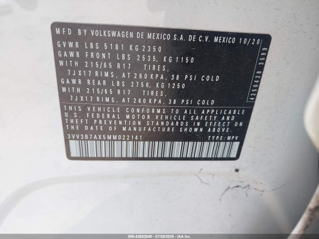 3VV3B7AX5MM022141 Volkswagen 2021