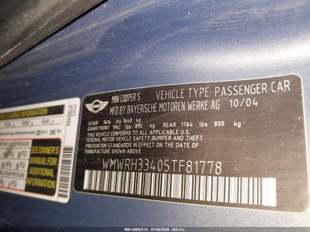 2005 MINI COOPER S WMWRH33405TF81778 Photo 8