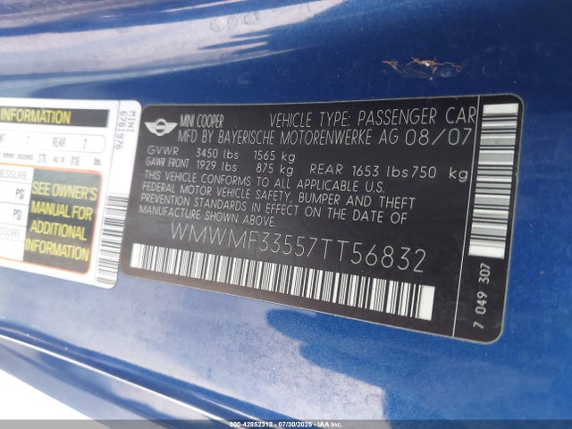 2007 MINI COOPER WMWMF33557TT56832 Photo 8