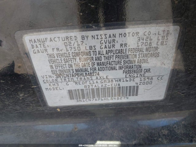 3N1CN7AP6HL848274 Nissan Versa