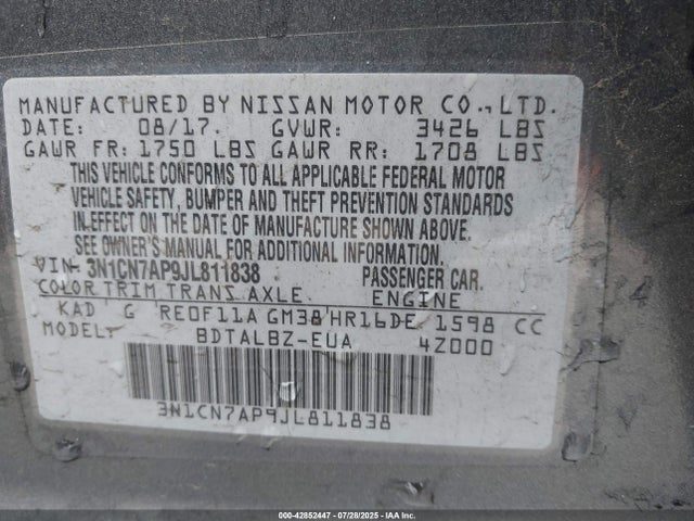 3N1CN7AP9JL811838 Nissan 2018