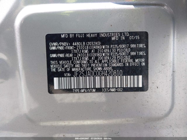 Subaru naturally aspirated u5 2016 JF2SJADC0GH420810 Image 9