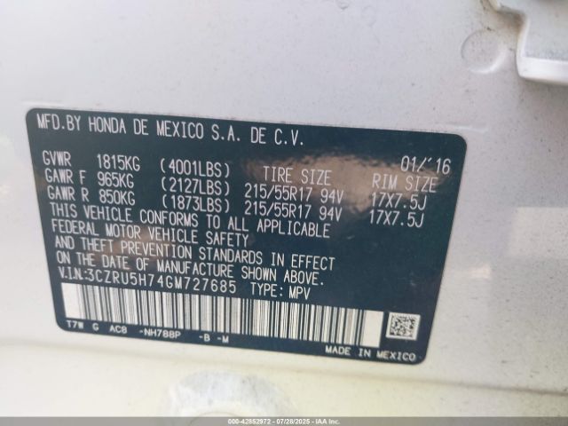 2016 HONDA HR-V 3CZRU5H74GM727685 Photo 8