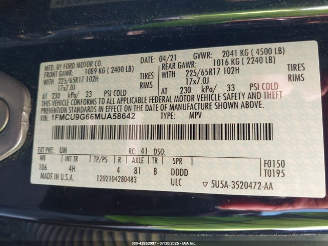 1FMCU9G66MUA58642 Ford dragon di tc