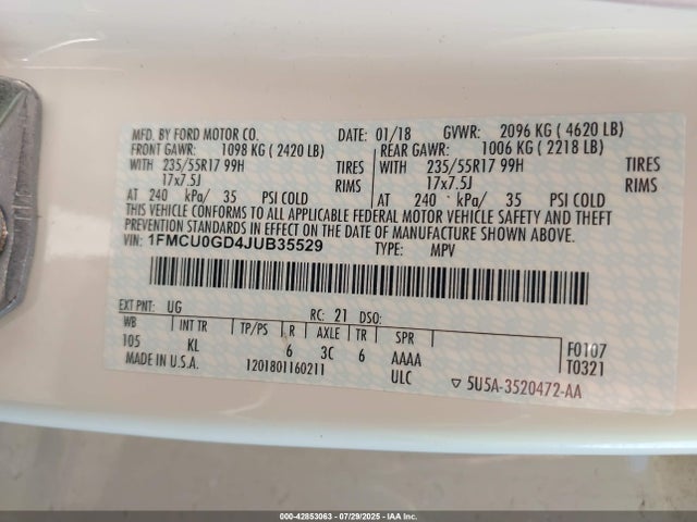 1FMCU0GD4JUB35529 Ford 1.5l gtdi sigma w/premium fuel