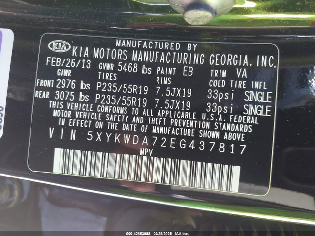 5XYKWDA72EG437817 KIA gasoline 3.3 v6 gdi lambda ii