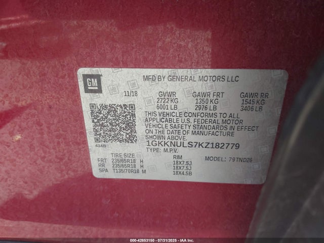 1GKKNULS7KZ182779 GMC lgx - direct injection, variable valve timing, alum, gen 2
