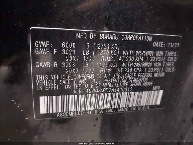 Subaru Ascent 2022 4S4WMAPD7N3410342 Image 9