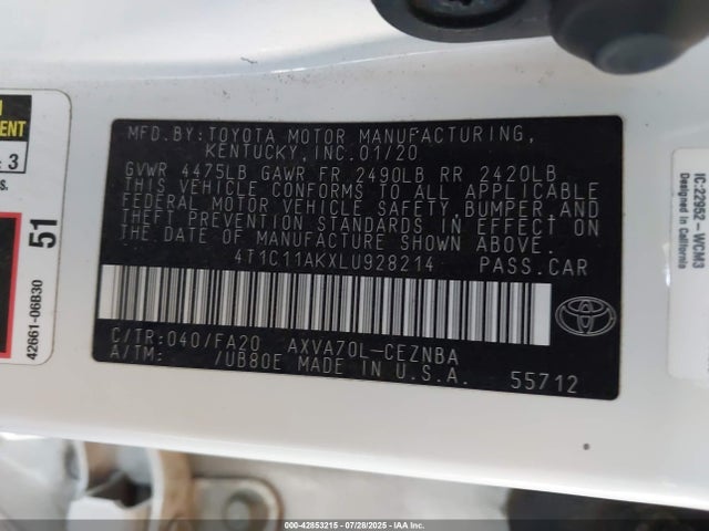 4T1C11AKXLU928214 Toyota a25a-fks