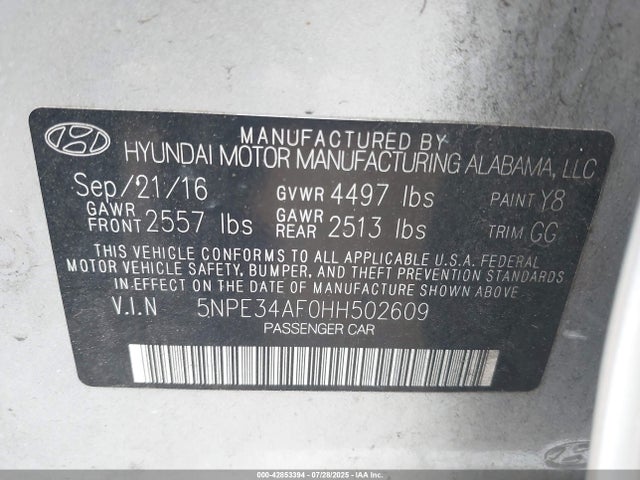 5NPE34AF0HH502609 Hyundai 2017