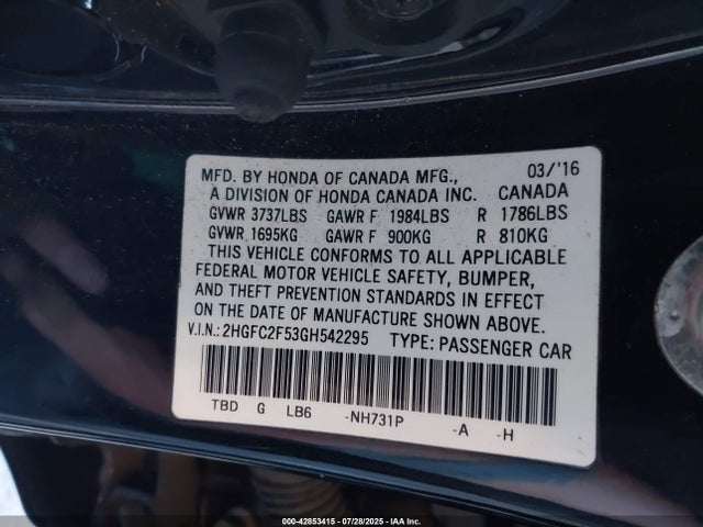 Honda k20c2 2016 2HGFC2F53GH542295 Image 9