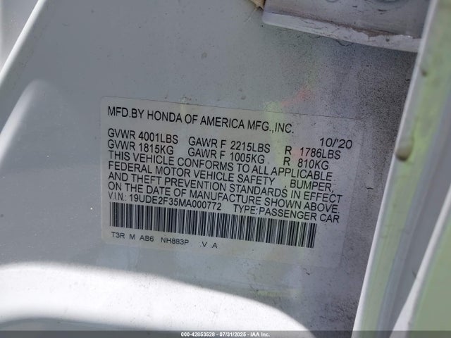 Acura k24v7 2021 19UDE2F35MA000772 Image 9