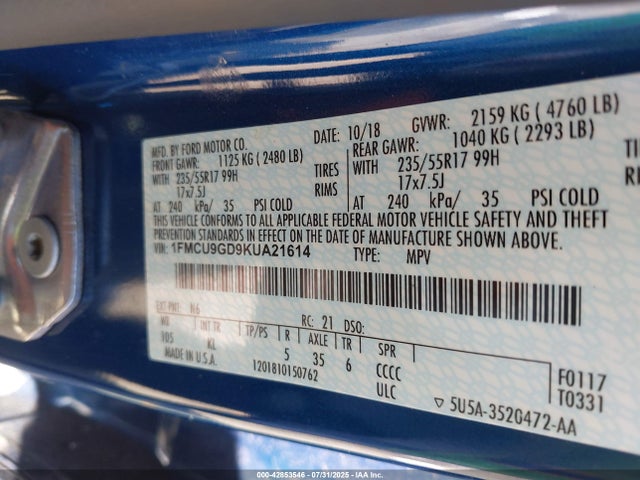 1FMCU9GD9KUA21614 Ford 1.5l gtdi sigma w/premium fuel