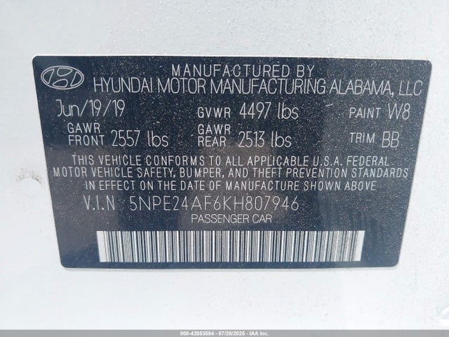 5NPE24AF6KH807946 Hyundai gdi theta-ii